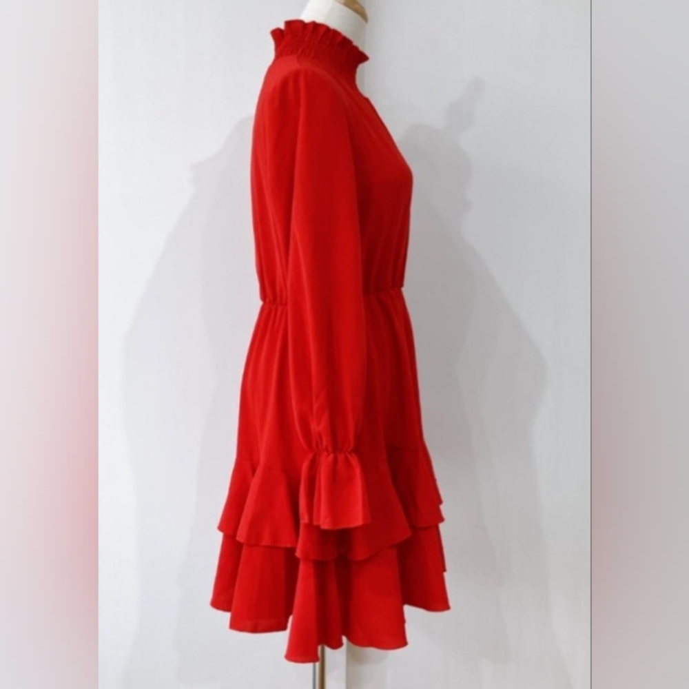 Chic HIGH COLLAR LONG SLEEVE A LINE RUFFLE HEMLINE DRESS SIZE L NWOT - Picture 5 of 11